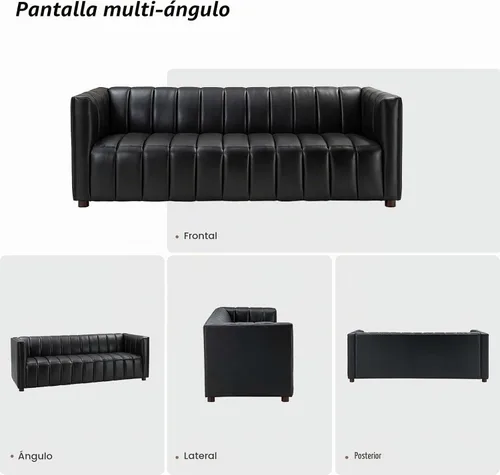 Vista 5 de HULALA HOME Sofá de cuero genuino de 83 pulgadas con diseño de canal, color Negro