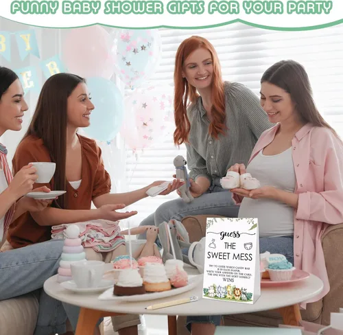 Vista 7 de Juego de 67 piezas de pañales sucios de Guess The Sweet Mess para baby shower, incluye letrero de Adivina el dulce lío, 50 tarjetas pequeñas, 10