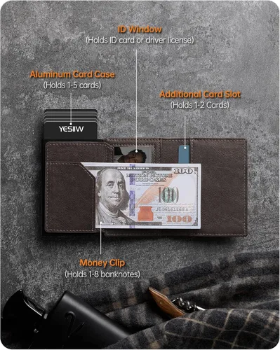 Vista 3 de YESIIW Billetera Airtag para hombre con clip para dinero, K4- Café (soporte AirTag)