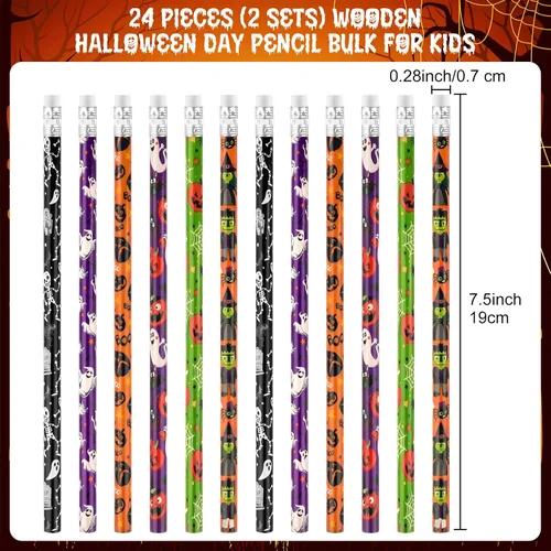 Vista 2 de Zuazaor 24 lápices de Halloween con borradores a granel para suministros escolares de oficina, juego de lápices de madera para Halloween, Navidad