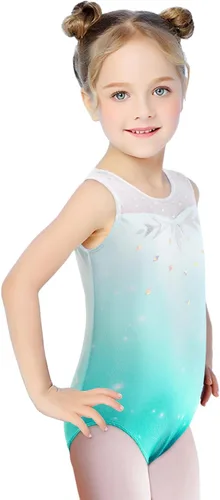 Vista 2 de HOZIY Leotardos de gimnasia para niñas, sin mangas, manga larga, copos de nieve, azul, morado, lentejuelas, cintas coloridas, rayas de leopardo rosa