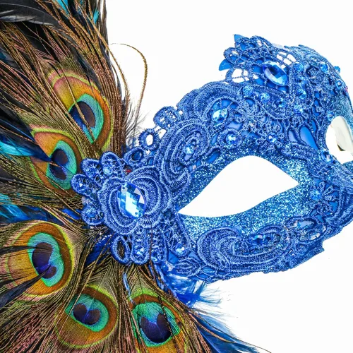 Vista 4 de Blue - Máscara de plumas de lujo para mujer, tradicional veneciana veneciana, carnaval, mascarada, Mardi Gras, baile de máscaras, media cara