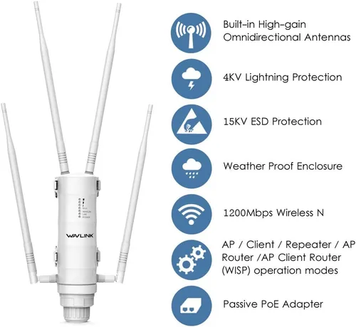 Vista 2 de WAVLINK AC1200 Extensor de WiFi al Aire Libre de Largo Alcance, Punto de Acceso al Aire Libre a Doble Banda Resistente a la Intemperie con POE