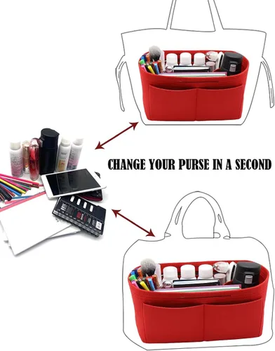 Vista 6 de Organizador de fieltro para bolso, bolsillo con cremallera y dos soportes extraíbles para botellas, Beige, rojo, negro, gris, café, rosa iluminado