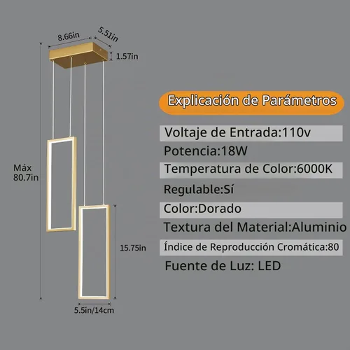 Vista 2 de Accesorio de Lámpara Colgante Moderna para Cocina Dorada 18W LED Lámpara Colgante 2 Anillos Candelabro Rectangular Iluminación Colgante para Isla