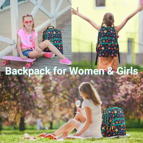 Vista 84 de Leaper Mochila para laptop para mujer: linda mochila floral para escuela, universidad, viajes, trabajo, mochila ligera para niños, Negro margarita