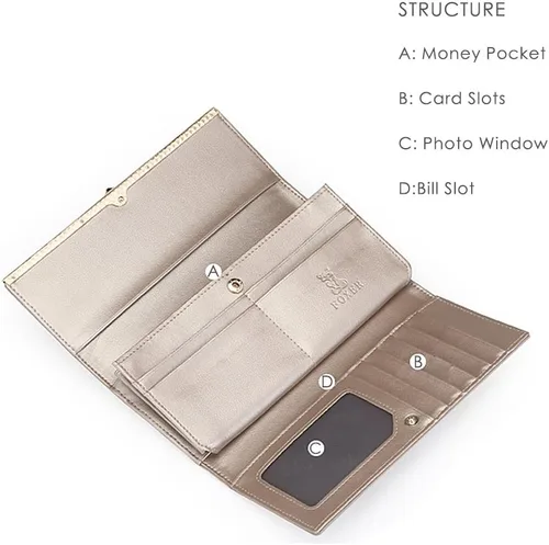 Vista 3 de FOXER Carteras de cuero para mujer, cartera triple para tarjetas, carteras grandes, 01 Dorado, Casual