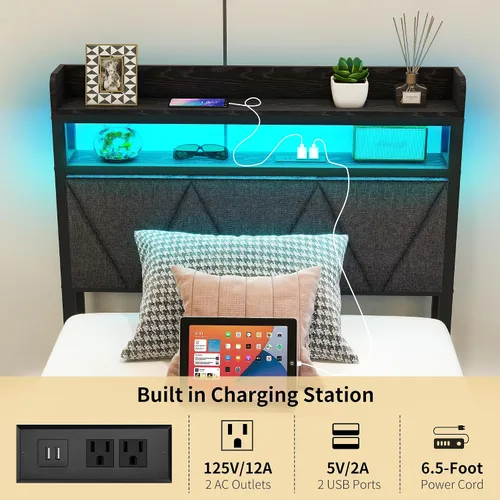 Vista 4 de Base de cama de tamaño individual con luces LED, cabecera tapizada de almacenamiento y estación de carga USB, marco de cama de metal resistente
