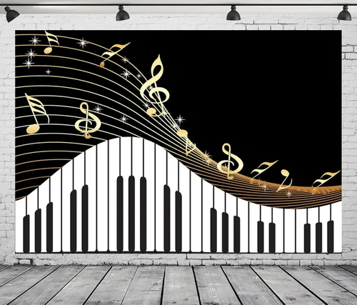 Vista 2 de BELECO Telón de fondo de música de piano de tela de 5 x 3 pies, teclas de notas musicales, teclas negras y doradas, fondo de fotografía, teclado