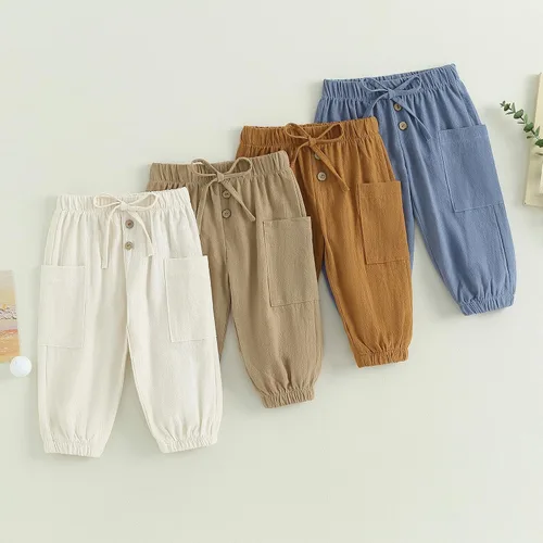 Vista 8 de Pantalones deportivos de algodón y lino para bebés, niños y niñas, elásticos, con botones básicos, estilo harén, ropa de otoño