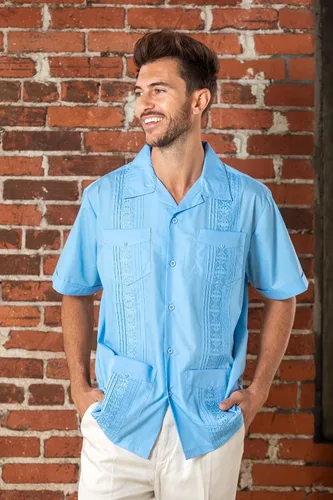Vista 2 de Camisa de guayabera para hombre, cuatro bolsillos, manga corta, clásica, para vacaciones, boda, bordado, Pintuck, camisa relajada
