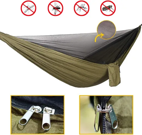 Vista 2 de Juego de hamaca de paracaídas portátil de nailon doble de alta resistencia, hamaca de campamento con lona para moscas de lluvia y mosquitera