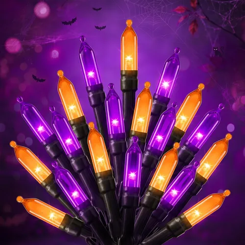 Vista 15 de Luces moradas de Halloween para exteriores, 33 pies, 100 luces LED impermeables de Navidad con 8 modos de iluminación, decoraciones de Halloween