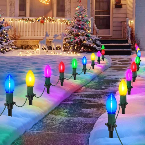 Vista 9 de USOKYO 20 bombillas LED C9 de 30 pies, luces LED de Navidad para exteriores, bombillas LED blancas cálidas, impermeables, conectables, luces