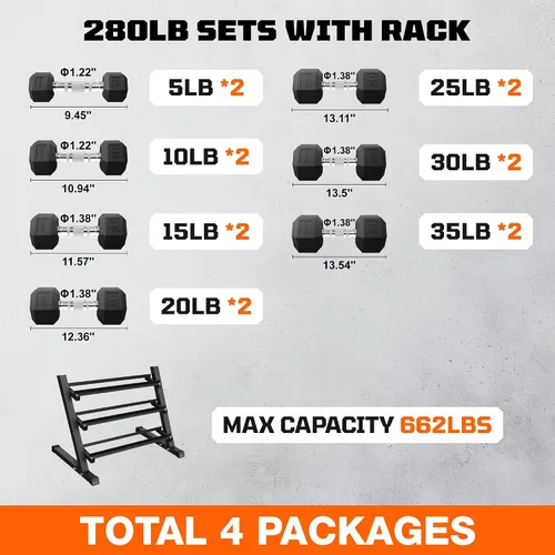 Vista 2 de Dumbbell Sets with Rack, Rubber Hex Dumbbells, 160/220/280/360/450/550LBS, Hand Weights with Chrome Handle for Strength Training 280 libras