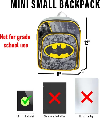 Vista 7 de DC Comics Justice League Mini Batman Mochila para niños pequeños Mochila preescolar de lujo de 12 pulgadas con capa desmontable y calcomanías