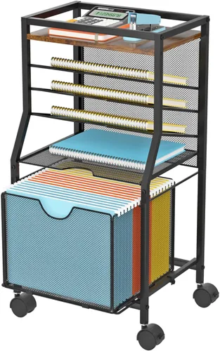 Vista 9 de BOHDK Carrito de archivos rodante, organizador de archivos de escritorio de 6 niveles con ruedas con cerradura, tablones de madera negra y cajón