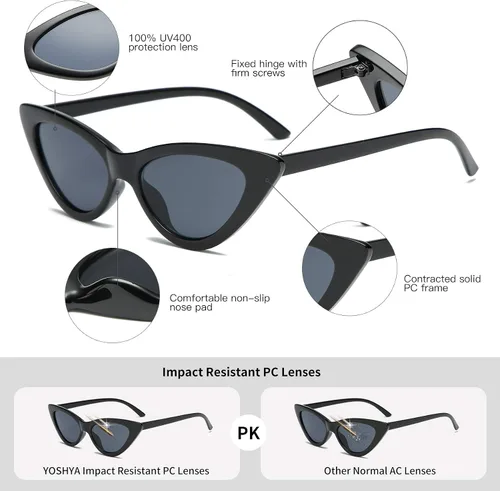 Vista 4 de Lentes de sol retro para mujer, con marco de plástico y diseño con estilo ojo de gato YOSHYA