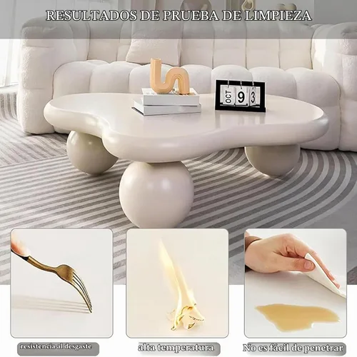 Vista 5 de Mesa de café en forma de nube blanca crema Mesa de café irregular Mesa de centro irregular de madera moderna y bonita con 3 patas esféricas