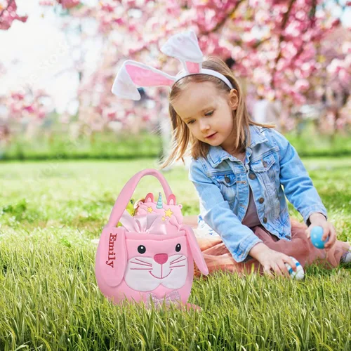 Vista 24 de Cesta de Pascua personalizada para niños, conejo rosa 019B-Rosa