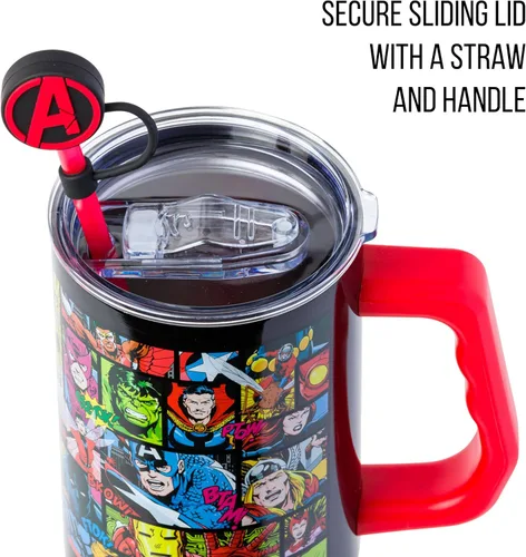 Vista 2 de Silver Buffalo Marvel Avengers - Vaso de acero inoxidable con asa, popote y tapa de pajilla, diseño de Iron Man, Capitán América, Blue Beetle, Thor