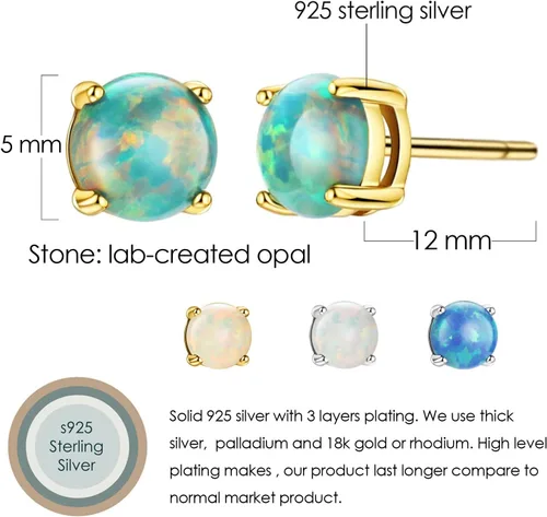 Vista 3 de Michooyel Aretes de plata de ley con ópalo para mujer, chapados en oro de 18 quilates, 0.197 in, ópalo solitario, 4 puntas, aretes simples para mujer