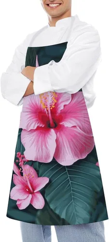 Vista 4 de MUSM Hawaii Pink Flower Apron，Classic Vintage Funny with Pockets Aprons,Adjustable Bib Waterdrop Resistant for Kitchen Cooking Restaurant BBQ