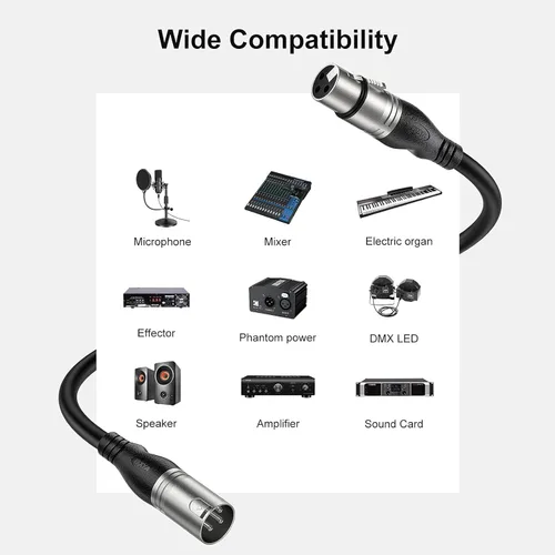 Vista 5 de EBXYA Cable XLR de 2 pies, paquete de 10 unidades, cable de micrófono equilibrado premium con cable XLR de 3 pines macho a hembra, color negro