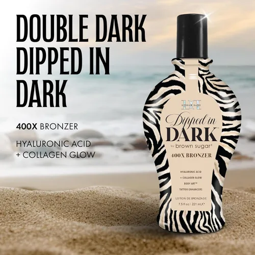 Vista 2 de Brown Sugar Loción bronceadora sumergida en la oscuridad, bronceador doble oscuro 400X con ácido hialurónico, colágeno y potenciadores de tatuajes