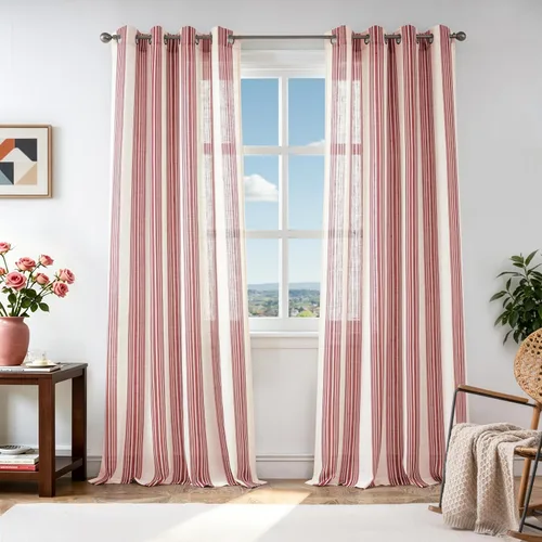 Vista 12 de DriftAway Cortinas de estilo granja con rayas verticales de lino mezclado texturizado con filtro de luz semitransparente para sala de estar