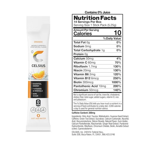 Vista 3 de CELSIUS® Zero Sugar Energy Drink & Powder Stick - Paquete en barra de color naranja