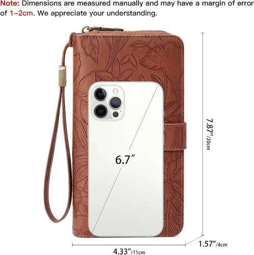 Vista 4 de SENDEFN Cartera de piel con cierre RFID para mujer, con cierre de cremallera, de gran capacidad, con correa para la muñeca, Marrón, Classic