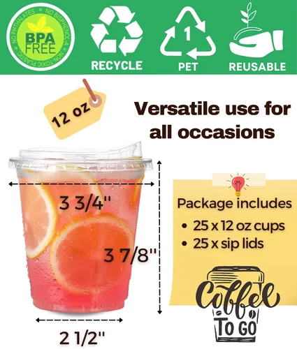 Vista 4 de Vasos de plástico transparente de 12 oz con tapas sin pajita, 25 juegos de vasos desechables de plástico para café helado, vasos para llevar