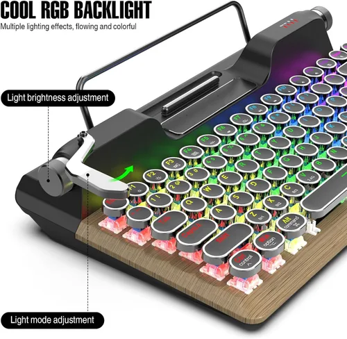 Vista 7 de Zopsc Retro Typewriter Mechanical Keyboard, 84 Keys Wireless 2.4G and Bluetooth 5.0, RGB Backlit, Blue Switches, Hot Swappable, with PU Leather