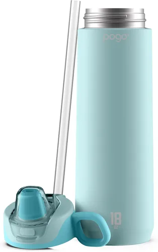 Vista 3 de Pogo Botella de agua activa aislada de acero inoxidable con tapa de popote a prueba de fugas, 18 onzas, escarcha