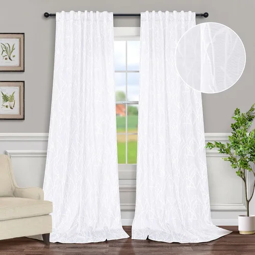 Vista 16 de Pitalk - Cortinas con patrón beige de 63 pulgadas de largo para dormitorio, 2 paneles con pestaña trasera y bolsillo, diseño de ramas de árbol