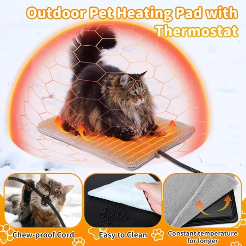 Vista 3 de Almohadilla térmica para mascotas al aire libre con termostato, 30 W, 15.7 x 12.6 pulgadas, para interiores y exteriores, tapete térmico para gatos