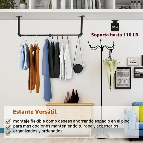 Vista 3 de Perchero de ropa montado en la pared de 36" con tubo industrial, organizador de ropa negro de hierro resistente que ahorra espacio, barra