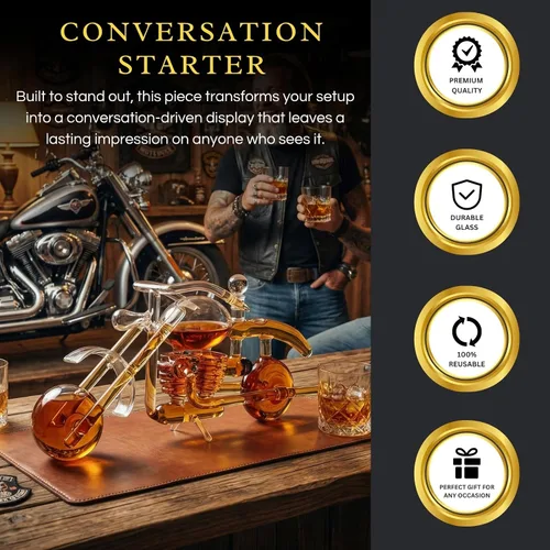 Vista 4 de Juego de decantador de whisky y vino en forma de motocicleta con regalos de motocicleta, regalos de moto, dispensador para vino, whisky escocés