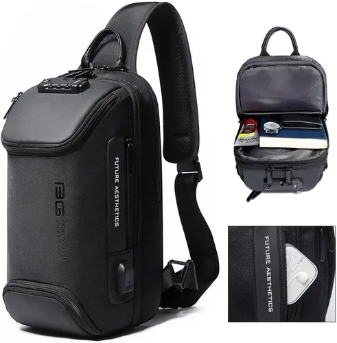 Vista 7 de BANGE Bolso bandolera impermeable para hombre, bolso de hombro bandolera para hombre, Black Upgrade Anti-robo, M, Viajar