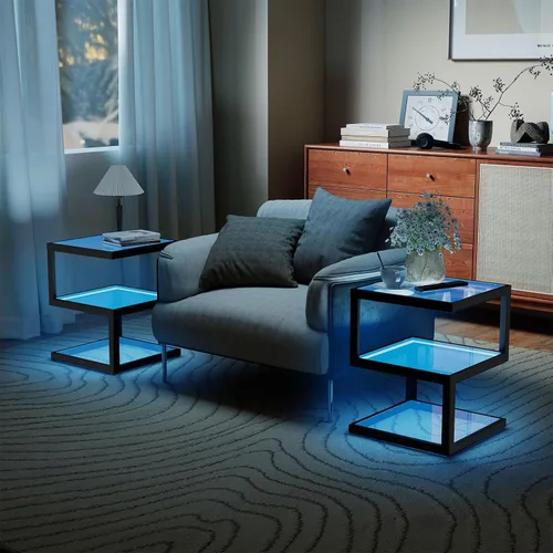 Vista 7 de Mesa auxiliar de vidrio Permory, mesa lateral de 3 niveles con tira de LED, mesa de diseño único en forma de S para sala de estar y dormitorio