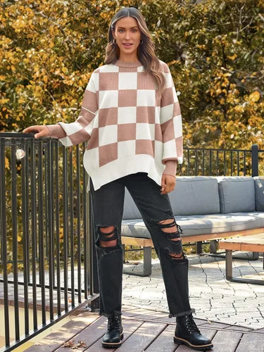 Vista 237 de Lillusory - Suéter extragrande con mangas de murciélago y cuello redondo para mujer, prenda moderna de otoño de tejido de punto sin botones