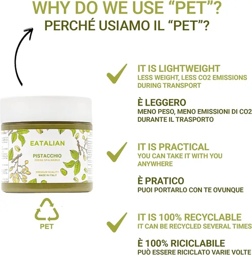 Vista 5 de EATALIAN by AMZ BETTER Crema de Pistacho, 7oz/200 gr, pasta de pistacho untable, sabor dulce y único, ideal para pan, para pasteles, postres