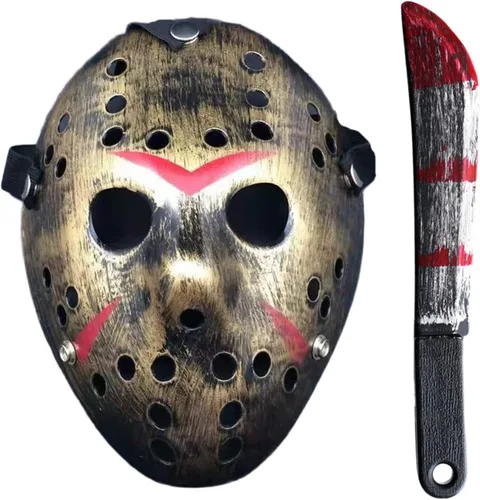 Vista 6 de JOYFISCO Máscara de Halloween machete de hockey de terror para Halloween, fiesta de máscaras, cosplay, disfraz Negro1