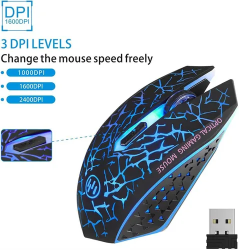 Vista 5 de TENMOS K6 - Ratón inalámbrico para juegos, mouse óptico LED silencioso recargable con receptor USB, 3 niveles de DPI ajustables y 6 botones
