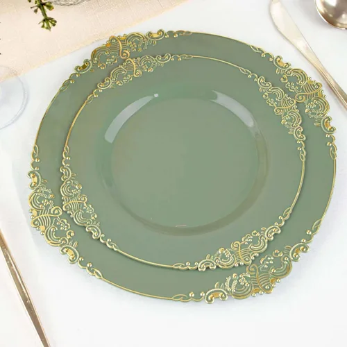 Vista 29 de Paquete de 10 platos redondos de plástico barroco dorado de 8 pulgadas para ensalada de postre, vajilla desechable con borde dorado en relieve