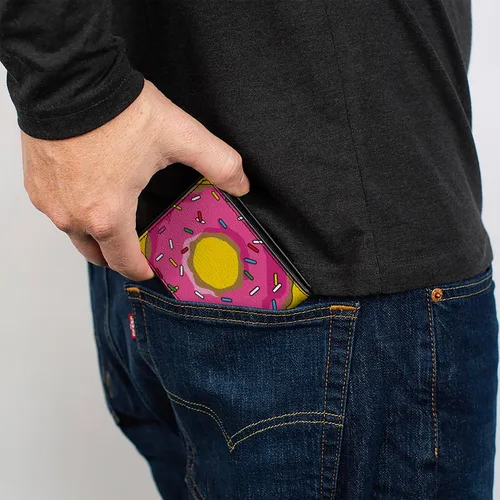 Vista 5 de Buckle-Down Billetera para hombre, plegable, color rosa glaseado rosado rosado, color amarillo, cuero vegano, 4.0 x 3.5 pulgadas, Donas, Buckle-down
