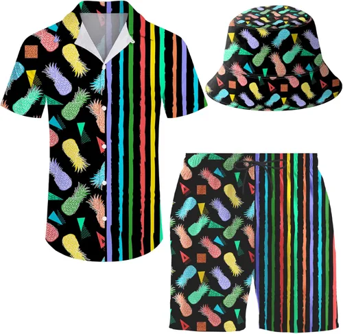 Vista 17 de Conjunto deportivo de 2 piezas para hombre, camisa hawaiana, pantalones cortos, camisa con botones y pantalones cortos con sombreros de pescador