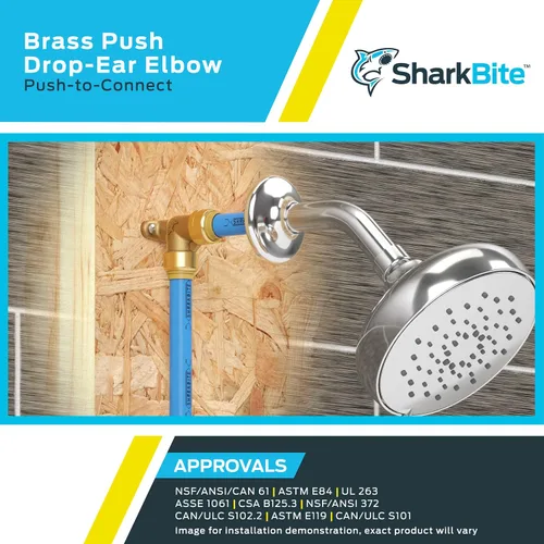 Vista 4 de SharkBite Codo de oreja de caída de 1/2 pulgada x 1/2 pulgada, FNPT, Empuje para conectar accesorios de plomería de latón, tubo PEX, cobre, CPVC
