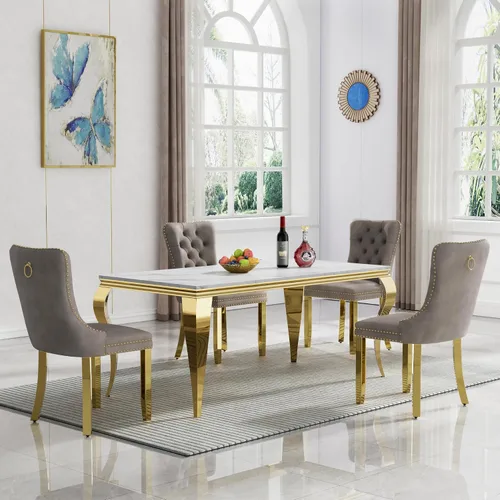 Vista 70 de Juego de 4 mesas de comedor blancas y doradas, mesa de cocina rectangular de 68 pulgadas con parte superior de mármol sintético blanco, mesa de Mesa